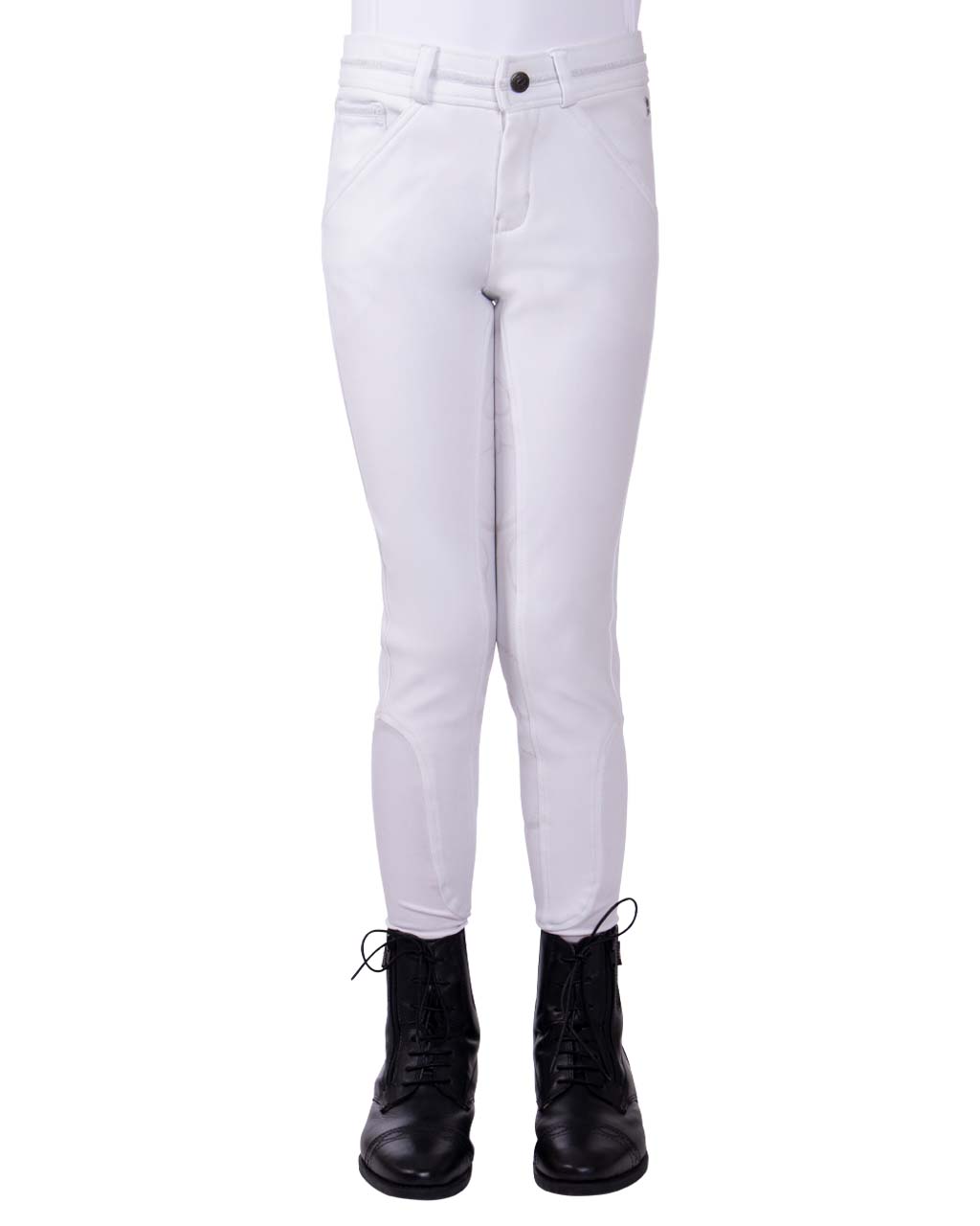 Hvid Qhp Carrie Junior Fuldgrip Ridebukser 128 - Qhp Horseriding