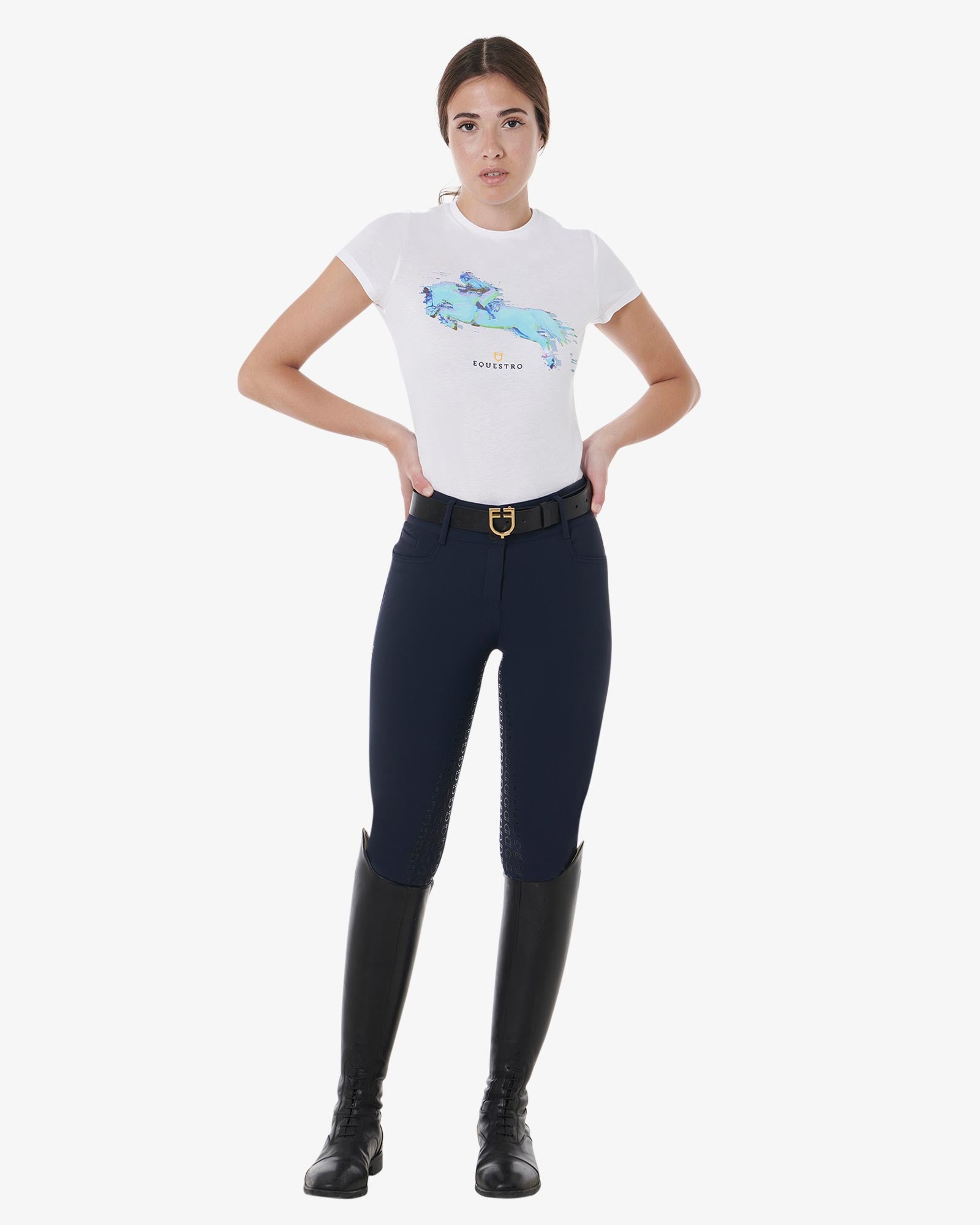 Navy Equestro Dame Ridebukser Full Grip Højtaljet - Equestro Horseriding  - 8051360686092