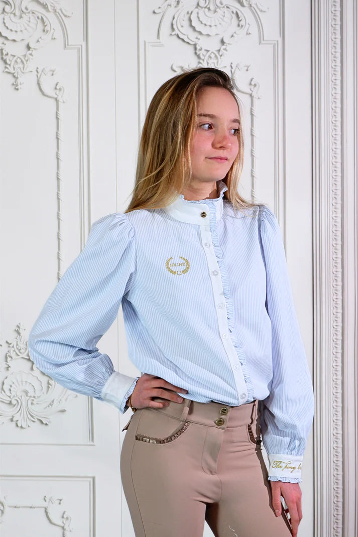 Baby Blue Joline Børn Langærmet Ridebluse Flæser Stribet 104 110 - Joline Horseriding